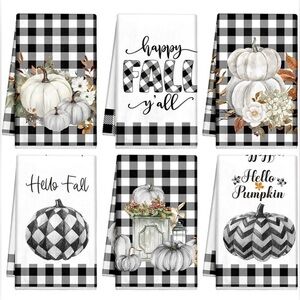 6 Pcs Fall Kitchen Dish Towels Pumpkin Black & White Buffalo Plaid